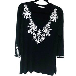 Anthropologie CAITE Embroidered Black Tunic Top Women XL BOHO Artsy Asymmetric